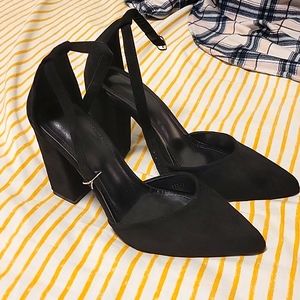 Suede heels with ankle straps, black with gold buckle. 3in heels. Never worn.